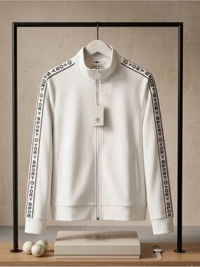 Tory Sport Banner Track Jacket with Logo-Taping Sleeves. Size M